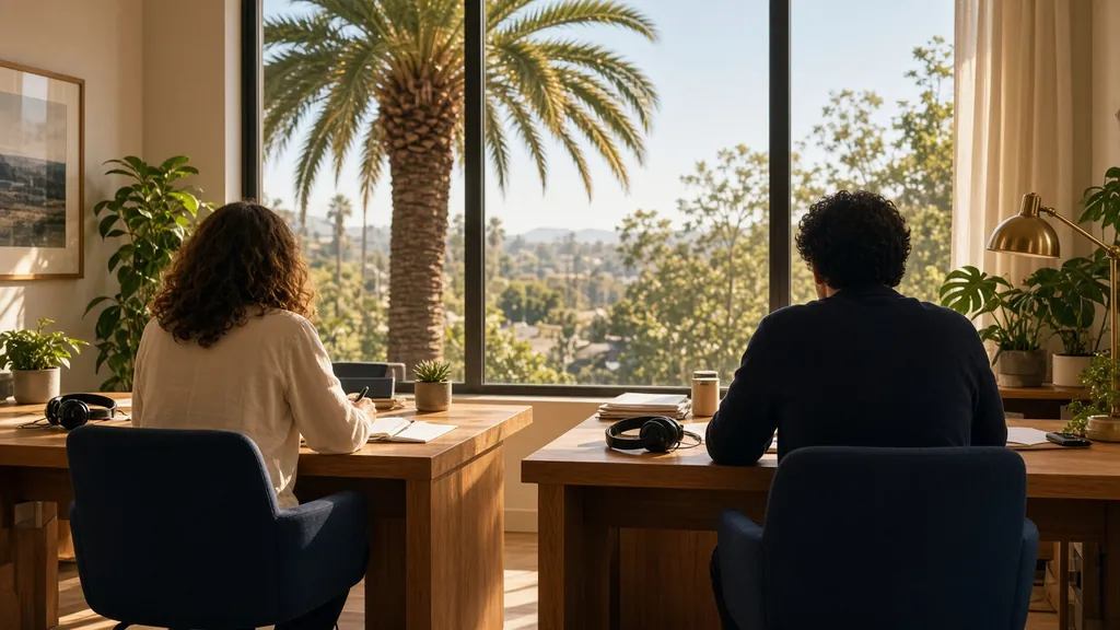 A sunny California office with two team members working at desks, seen from behind