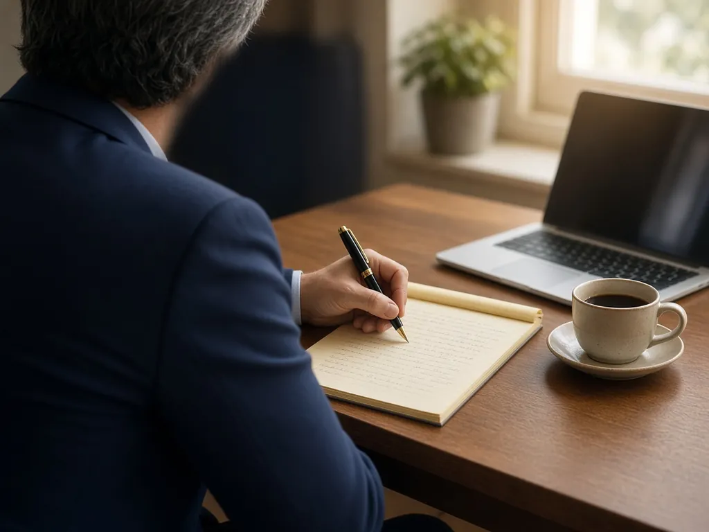 A professional at a desk writing notes on a legal pad