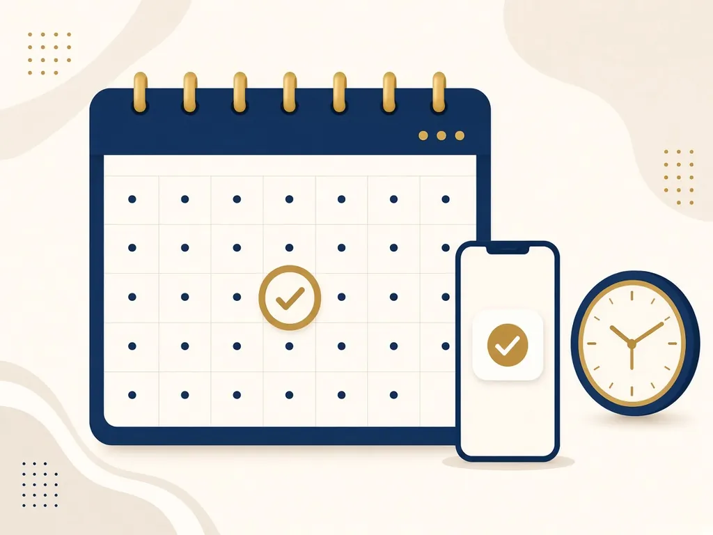 Illustration of a calendar with a booked day, a phone confirmation, and a clock