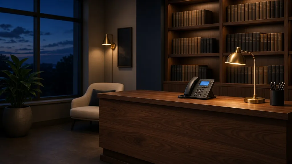A quiet law office front desk in the evening, with a desk phone ready to take calls