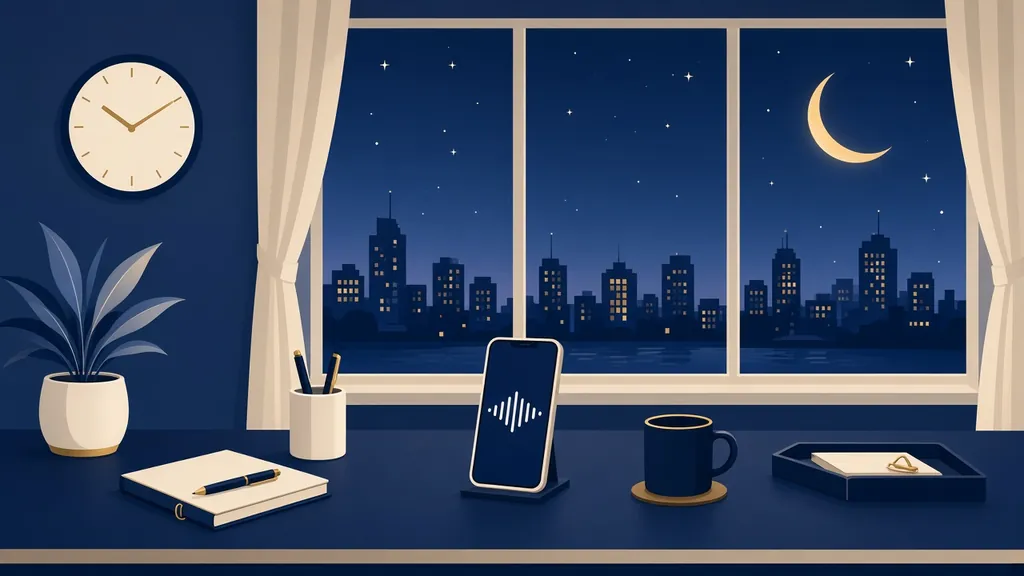 Illustration of an office at night with a phone on the desk, a wall clock, and the city outside