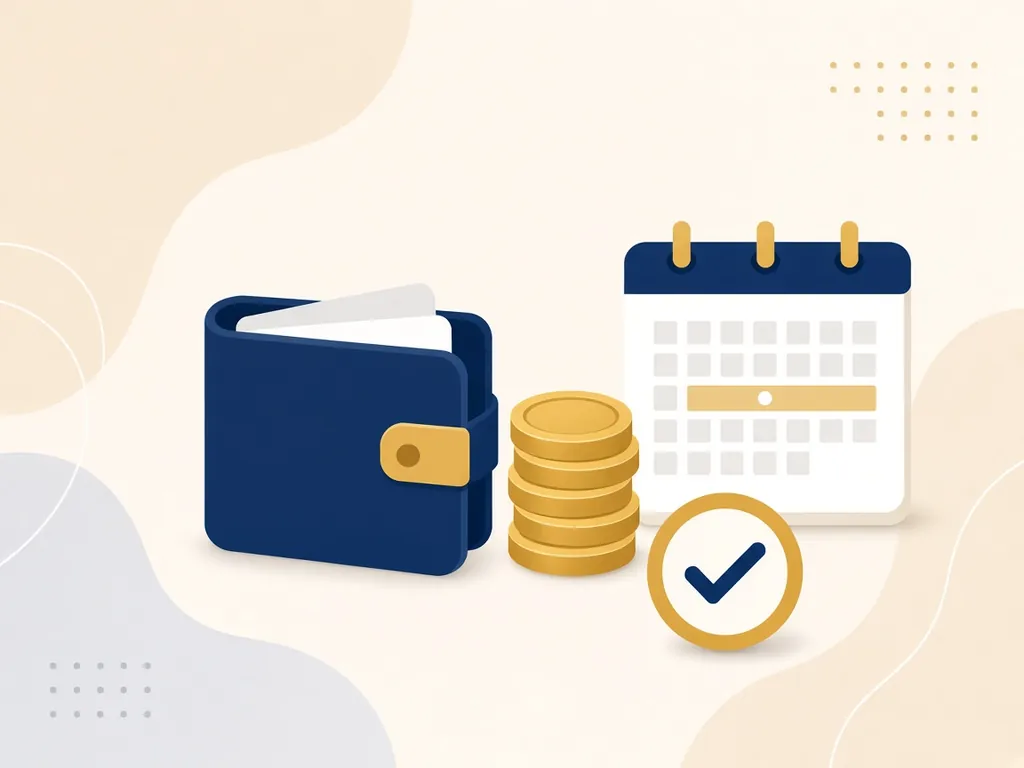 Illustration of a wallet, coins, and a calendar for simple monthly billing