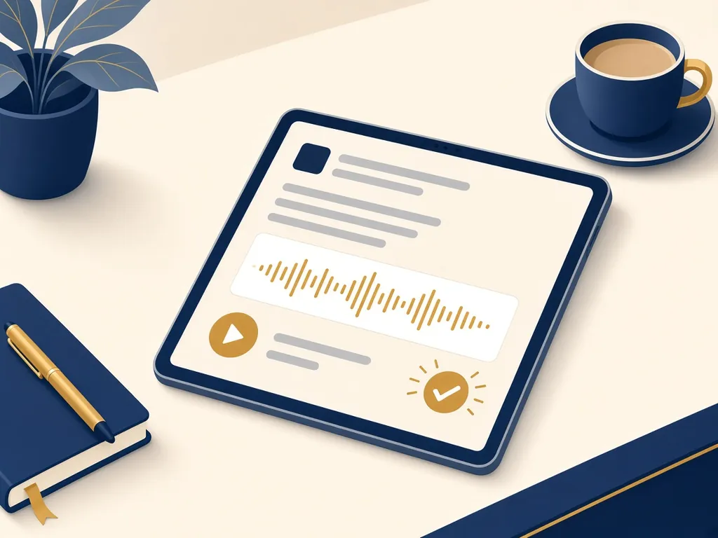 Illustration of a tablet showing a call summary with a recording and a check mark