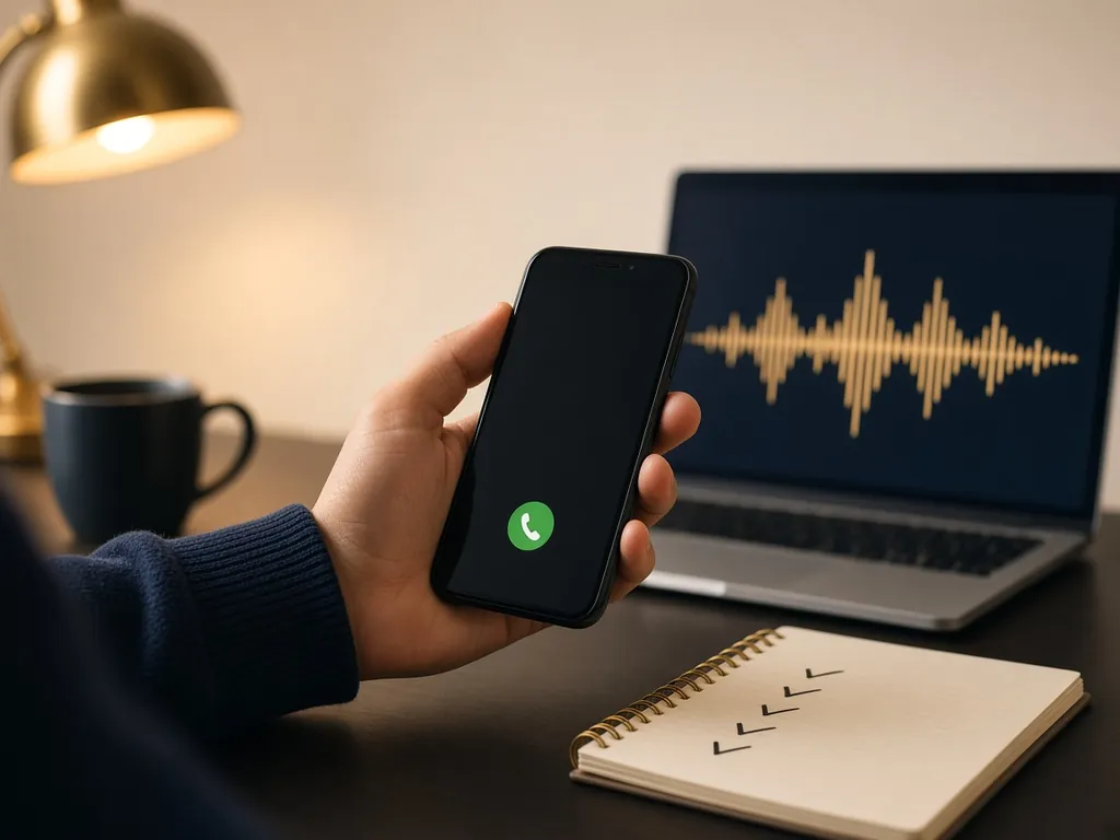 A hand holding a phone during a call, with a laptop showing a sound wave